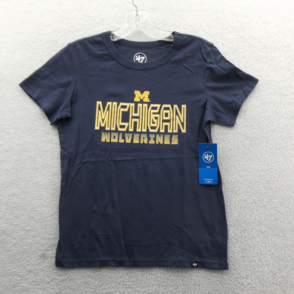 47 Brand Shirt Kids Large Michigan Wolverines Navy Blue Cotton Short Sleeve